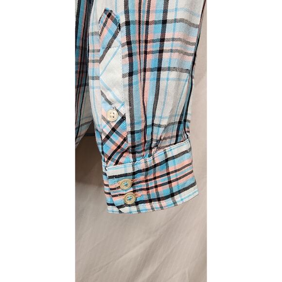Talbots Plaid Blue/Peach Roll-Tab Sleeve Button Down Shirt Size LP - Picture 6 of 8